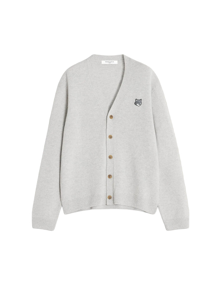 Cárdigan Maison Kitsuné Fox Head en lambswool gris jaspeado claro con parche de la cabeza de zorro bordado en el pecho