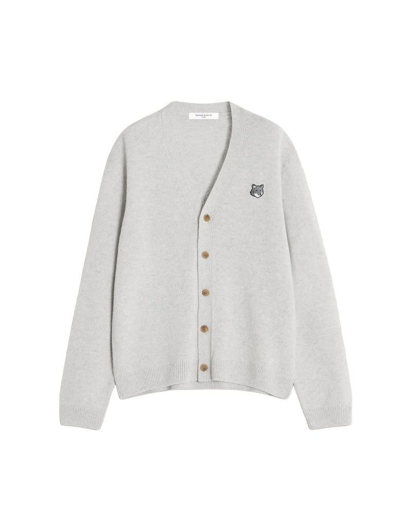 Cárdigan Maison Kitsuné Fox Head de lambswool gris claro con parche del zorro bordado